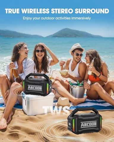 ANCOON Speakers Bluetooth Wireless: 80W(Peak) Loud Speaker with Bass, 20H Playtime, IPX6 Waterproof, Large Jobsite Speakers for Work, Outdoor, Workshop, Garage, Portable Speaker with TWS (Black) - Image 4