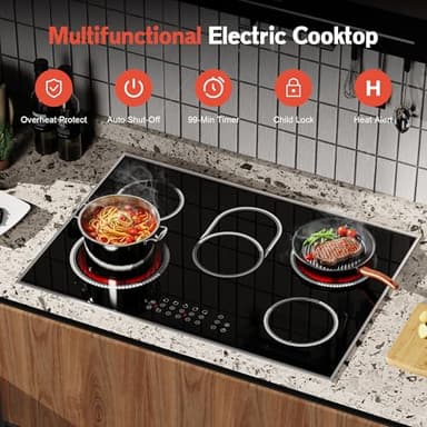 Pladeca 30 Inch Electric Cooktop, 5 Burner Electric Stove Top Touch Control, 8400W Built-in Ceramic Stovetop Burner 30" with Expandable Zone, Child Lock, Timer, Overheat Alert, 220-240v Hardwired - Image 7