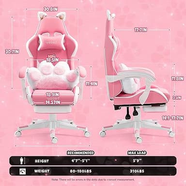 Vigosit Cat Ears PU Leather Gaming Chair Ergonomic Adjustable Office Desk Computer Chairs for Gamers Adults Kids 360 Degree Swivel Recliner 45in Height, Pink - Image 2
