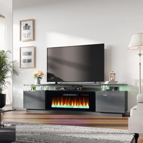 AMERLIFE Fireplace TV Stand with 40" Fireplace, 80" Modern High Gloss Fireplace Entertainment Center LED Lights, 2 Tier TV Console Cabinet for TVs Up to 90", Grey - Image 1