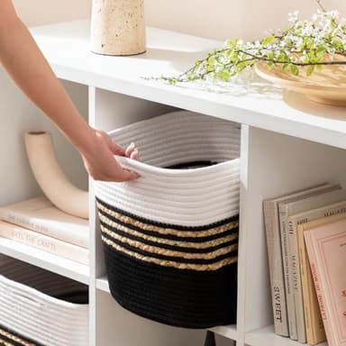 UBBCARE Set of 2 Storage Cubes 11 X 11 X 11 in, Water Hyacinth Storage Bins for Shelves, Toys, Book, Storage Baskets with Handles, Cotton Rope Woven Baskets for Organizing, Black - Image 4