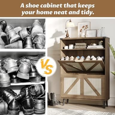 Shoe Cabinet with 2 Flip Drawers & Open Storage,Farmhouse Shoe Storage Cabinet for Entryway,Freestanding Narrow Organizer Rack with Legs,Foyer,Hallway,Rustic Oak Rattan - Image 8
