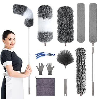 Microfiber Feather Duster with Extension Pole 30 to 100 inches, Reusable,Bendable, Washable Dusters for Cleaning Ceiling Fan, High Ceiling, Blinds, Furniture & Cars, 12PCS - Image 1