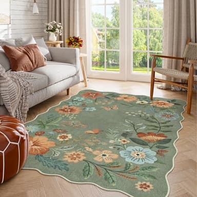 Lahome Floral Machine Washable Rug, 3x5 Rug Non Slip Soft Bedroom Rugs for Entryway Dorm, Ultra-Thin Boho Rugs for Living Room Stain Resistan Throw Carpet for Nursery Entrance, Green - Image 1