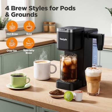 Tastyle Single Serve Coffee Maker with Built-in Detachable Milk Frother, Iced and Hot Coffee Machine for K Cup & Grounds, 40oz Removable Water Reservoir, 6 Cup Sizes, Fits 7.3" Travel Mug, Black - Image 4