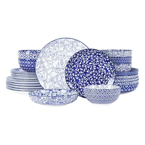 Selamica Ceramic Dinnerware Sets for 6, 24 Piece Plates and Bowls Sets, Highly Chip and Crack Resistant Dishes Set-Dishwasher & Microwave & Oven Safe, Vintage Blue - Image 1