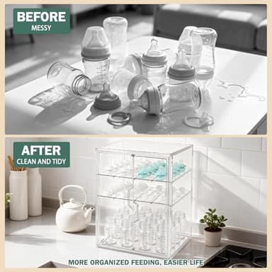 Baby Bottle Organizer, 3-Tier Bottle Storage for Countertop with Double Magnetic Doors, Clear Plastic Bottle Station Organizer with 2 Adjustable Dividers for Kitchen, Bathroom, Cabinet, Vanity - Image 3