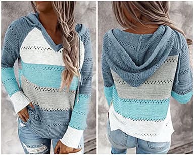 BLENCOT Women's Casual Color Block Hoodies Sweater Long Sleeve Drawstring Pullover Sweatshirts Fashion Knitted Tops Blue XL - Image 4