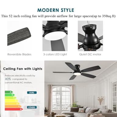 JSAITEE Ceiling Fans with Lights, 52 Inch Low Profile Ceiling Fan with Light and Remote Control, Flush Mount, DC Reversible Motor, Noiseless, Black 6 Speeds Ceiling Fan for Bedroom - Image 7