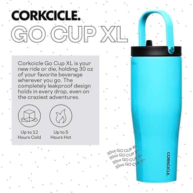 Corkcicle Go Cup XL - Leak-Proof Travel Tumbler - Triple Insulated Stainless Steel Water Bottle - Easy-Carry Handle - Summer Drinkware Gift - Keeps Drinks Ice Cold - 30 oz - Capri Blue - Image 2