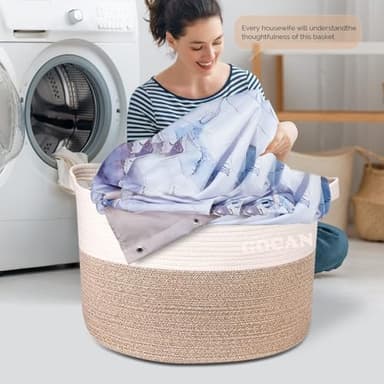 GOCAN Extra Large Laundry Basket toy storage 22"X22"X14" blanket basket Cotton Rope Woven Baskets with Handles for Living Room (Brown/Beige) XXXL - Image 2