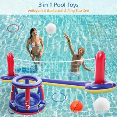 Jasonwell Pool Toys Games Set - 3 in 1 Pool Volleyball Net Basketball Hoop Ring Toss Game Inflatable Floats Water Floating Volleyball Swimming Pools Party Game Accessories Toy Gift Kids Teens Adults - Image 2
