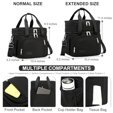 MAPLELILY Lunch Box for Men Women - Double Deck Insulated Lunch Bag, Large Leak Proof Tote Cooler, Wide Open Dual Compartment Lunch Bags with Shoulder Strap, For Work Picnic Hiking Beach, Black - Image 5