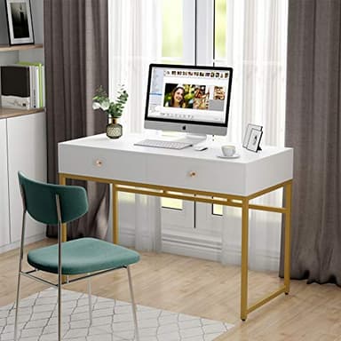 Tribesigns Computer Desk, Modern Simple 47 inch Home Office Desk Study Table Writing Desk with 2 Storage Drawers, Makeup Vanity Console Table, White and Gold - Image 2