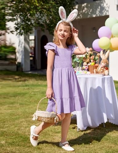 Arshiner Lilac Dress for Girls Off Shoulder Double Pleated Sleeve Smocked Easter Holiday Tween Dresses Size 10-12 - Image 3