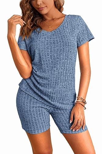 Ekouaer Biker Shorts Sets 2 Piece Ribbed Pajamas Short Sleeve Ribbed Lounge Workout Set for Women Royal Blue - Image 1
