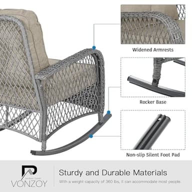 VONZOY Patio Furniture Set 3 Pieces, Rocking Bistro Set with Thick Cushions, Grey Wicker Outdoor Rocker Chairs and Coffee Table for Porch, Backyard or Garden (Grayish White) - Image 4