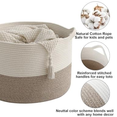 HZFTJOY Large Blanket Basket for Organizing,65L Closet Organizers and Storage Bins Box for Shelves Woven Rope Storage Baskets,Living Room,Bedroom,Dorm,Laundry room (White&Brown) - Image 3