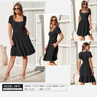 Newshows Summer Dresses for Women 2024 Short Sleeve Square Neck Babydoll Dresses Casual Beach Vacation Outfits Aline Ruffle Flowy Sundress Trendy with Pockets(Black,L) - Image 3