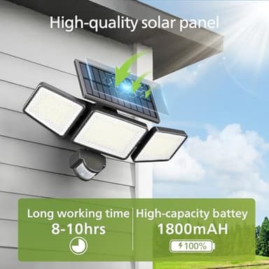 Philips Solar Security Light Outdoor 302 LED 1200lm, Solar-Powered Waterproof Wall-Mounted Floodlight w/PIR Motion Sensor, 3 Heads, IP65 Waterproof, 3 Modes - Image 6