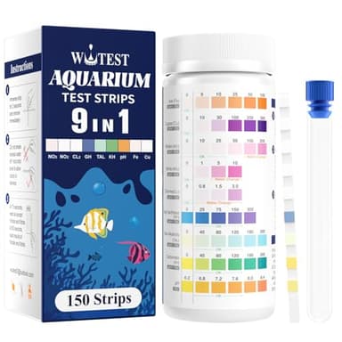 Wutest 9-Way Aquarium Test Strips - 150 Aquarium Water Test Kit Fish Tank Test Kit Quick & Accurate Testing Iron Copper Nitrate Nitrite Chlorine Total Hardness Total Alkalinity Carbonate pH - Image 1