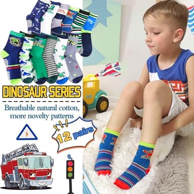 Welwoos Baby Boys Grips Socks Kids Toddlers Infants Non Slip Anti Skid Funny Animal Cartoon Gift Cotton Socks with Grippers 12 Pairs Stocking Stuffers (Dinosaur,3-5 Y) - Image 3