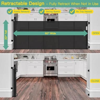Reinforced 60" Wide Retractable Baby Gates with Upgraded Rods - Bottom Anti-Escape, 5 ft Mesh Baby Gate Retractable Dog Gate Indoor Pet Gate Retractable Stair Gate Outdoor Retractable Gate, Black - Image 3