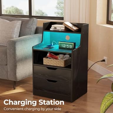 Rolanstar Nightstand with Charging Station and LED Lights, 2 AC and USB Power Outlets, Night Stand with 2 Drawers and Storage Shelves, Bedside Table for Bedroom - Black - Image 7
