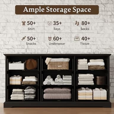 Farmhouse 9 Drawers Dresser for Bedroom, 63" Wide Modern Chest of Drawers with Deep Drawers & Bar Handles, Rustic Wood Dresser TV Stand, Wooden Closet Storage Organizer for Living Room, Hallway, Black - Image 4