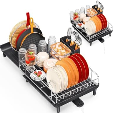 TOOLF Expandable Dish Rack, Dish Drying Rack for Kitchen Counter, Foldable Dish Dryer Rack, Stainless Steel Dish Drainer Racks with Cutlery Holder, Collapsible Dish Drying Racks Large Size,Black - Image 1