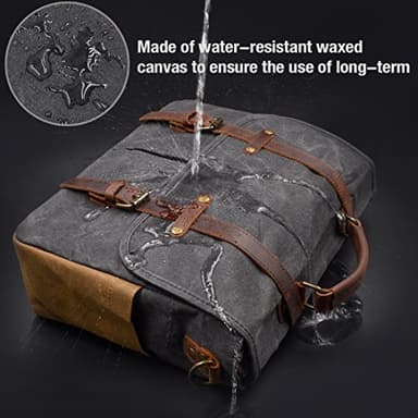 Mens Messenger Bag 15.6 Inch Waterproof Vintage Genuine Leather Waxed Canvas Briefcase Large Satchel Shoulder Bag Rugged Leather Computer Laptop Bag, Grey - Image 2