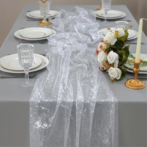 Snowkingdom 6 Pcs 10 FT Silver White Cheesecloth Table Runner Sheer Chiffon Gauze Runner, Sequin Glitter Silver Table Decoration Centerpieces for Wedding Birthday Christmas Bridal Baby Shower - Image 1