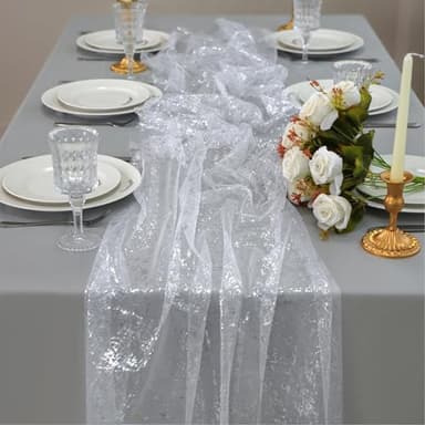 Snowkingdom 6 Pcs 10 FT Silver White Cheesecloth Table Runner Sheer Chiffon Gauze Runner, Sequin Glitter Silver Table Decoration Centerpieces for Wedding Birthday Christmas Bridal Baby Shower - Image 1