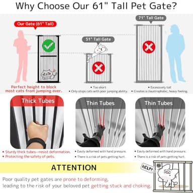 Lumizone Extra Tall Cat Gate 61.02" High Pressure Mounted Extra Wide 63.39"-67.32" (17Sizes) 1.37" Gap No Drilling Auto-Close Tall Pet Gate for Dogs (Black, 63.32"-67.91"/161-171cm) - Image 3