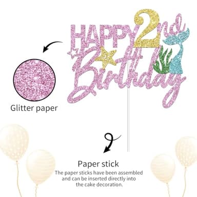 YHEZXUN Mermaid Happy 2nd Birthday Cake Topper, Pink Glitter Mermaid Two Cake Decoration Ocean Theme for Girl 2 Years Old Birthday Party Cake Decor - Image 4