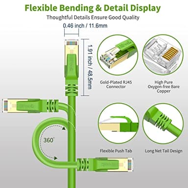 Cat8 Ethernet Cable 1FT, Indoor&Outdoor, Heavy Duty High Speed 26AWG Cat8 Network LAN Cable 2000Mhz, 40Gbps with Gold Plated RJ45 Connector, Weatherproof S/FTP UV Resistant for Router,Modem,PC Green - Image 3