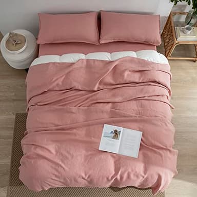 EVERLY Linen Sheets Set King Size,100% French Stonewash Pure Linen Bed Sheets,4Pieces (1Flat Sheet,1Fitted Sheet,2Pillowcase) Suitable for Hot Sleepers,Deep Pocket Natural Bedding Set-Pink - Image 7