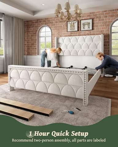 OHOHOLIVE King Size Bed Frame with 56" Headboard - 1000LBS Capacity Support, Velvet Upholstered Wingback Platform Bed Frame, Noise Free, Sturdy Wooden Slat Support - Image 7