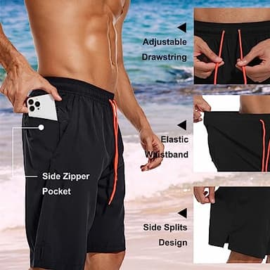 difficort Mens Swim Trunks Quick Dry Bathing Suit 9 inch Inseam Board Shorts with Compression Liner and Zipper Pocket,Black,2X-Large - Image 6