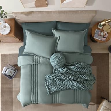 Monbix Queen Comforter Set - 7 Pieces Sage Green Bed in a Bag Queen Bedding Sets with Comforters, All Seasons Comforter Bed Set with Sheets,Pillowcases & Shams - Image 2
