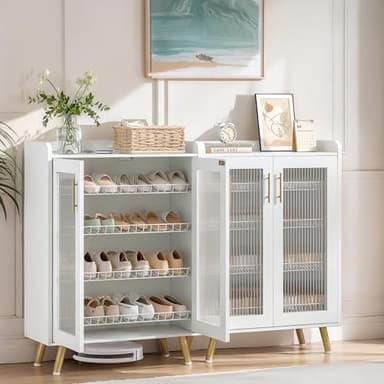 VECELO Shoe Cabinet Storage for Entryway, 4-Tier Free Standing Organizer with Doors and Shelves, Large Capacity for Hallway, Ivory White - Image 8