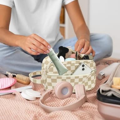 LEDAOU 2Pcs Travel Makeup Bag Cosmetic Bag Small Corduroy Makeup Pouch with Zipper Cute Travel Toiletry Essentials for Women Teen Girls (Brown Checkerboard) - Image 6