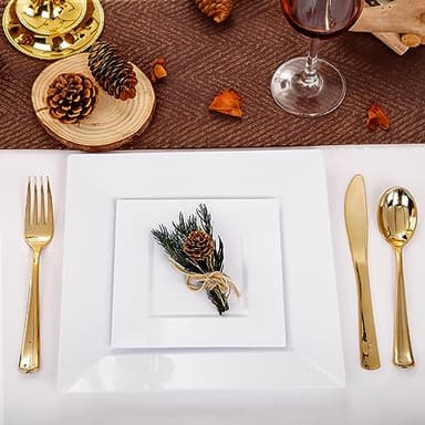 Liacere 100PCS White Square Plastic Plates - 50PCS Heavy Duty 9.5inch White Dinner Plates and 50PCS 6inch White Dessert Plates - Durable Fancy White Disposable Plates for Party & Wedding - Image 3