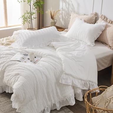 JOLLYVOGUE Queen Comforter Set, 3 Pieces White Seersucker Comforters Queen Size, Lightweight & Fluffy Bedding Sets Queen for All Season with 1 Ruffle Comforter and 2 Ruffle Pillowshams - Image 7