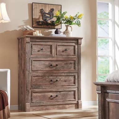 Aitjunz Farmhouse 5 Drawers Dresser for Bedroom, 46" Tall Dressers & Chests of Drawers w/Roman Column, Large Storage Dressers Organizer for Bedroom, Hallway, Living Room, Light Brown - Image 3