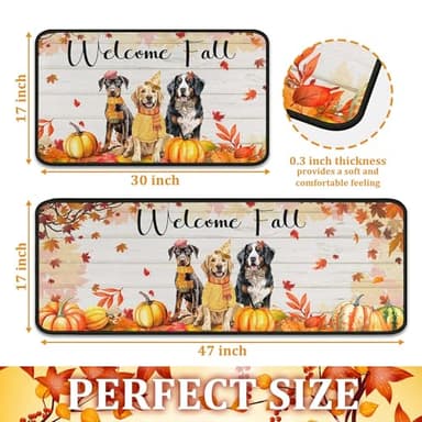 OUXIOAZ Welcome Fall Pumpkin Decorative Kitchen Rugs Set of 2, Autumn Pet Pumpkin Kitchen Mats Decor Dog Lover Gifts, Maple Leaves Thanksgiving Kitchen Mat 17"x47"+17"x30" - Image 2