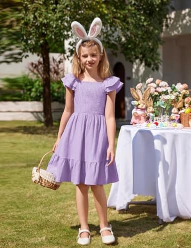 Arshiner Lilac Dress for Girls Off Shoulder Double Pleated Sleeve Smocked Easter Holiday Tween Dresses Size 10-12 - Image 2