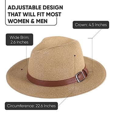 Wide Brim Straw Panama Hat - Stylish Lightweight, Breathable Men's & Women's Fedoras Provide Excellent UV Protection - Perfect Beach, Pool, Festival, Vacation, & Resort Wear - Buckles Belt Light Brown - Image 4