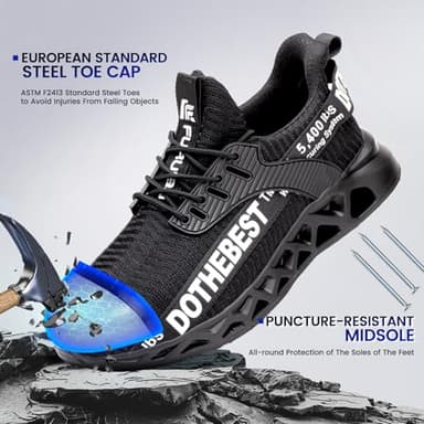 Furuian Steel Toe Shoes for Men & Women Wide Steel Toe Sneakers Lightweight Comfortable Safety Work Shoes Wide Black - Image 2