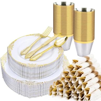 Realluck 350 PCS White and Gold Plastic Plates, Plastic Dinnerware Set for 50 Guests, 100 Disposable Plates, 150 Silverwares, 50 Cups, 50 Napkins for Party, Wedding, Graduation - Image 1